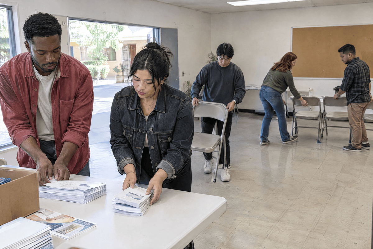 AI-generated fictional scene: young adults arranging chairs and handouts for a community workshop.