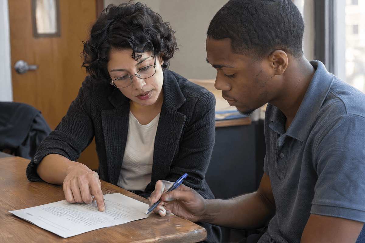 AI-generated fictional scene: a mentor and learner reviewing an anonymous document draft in an office.